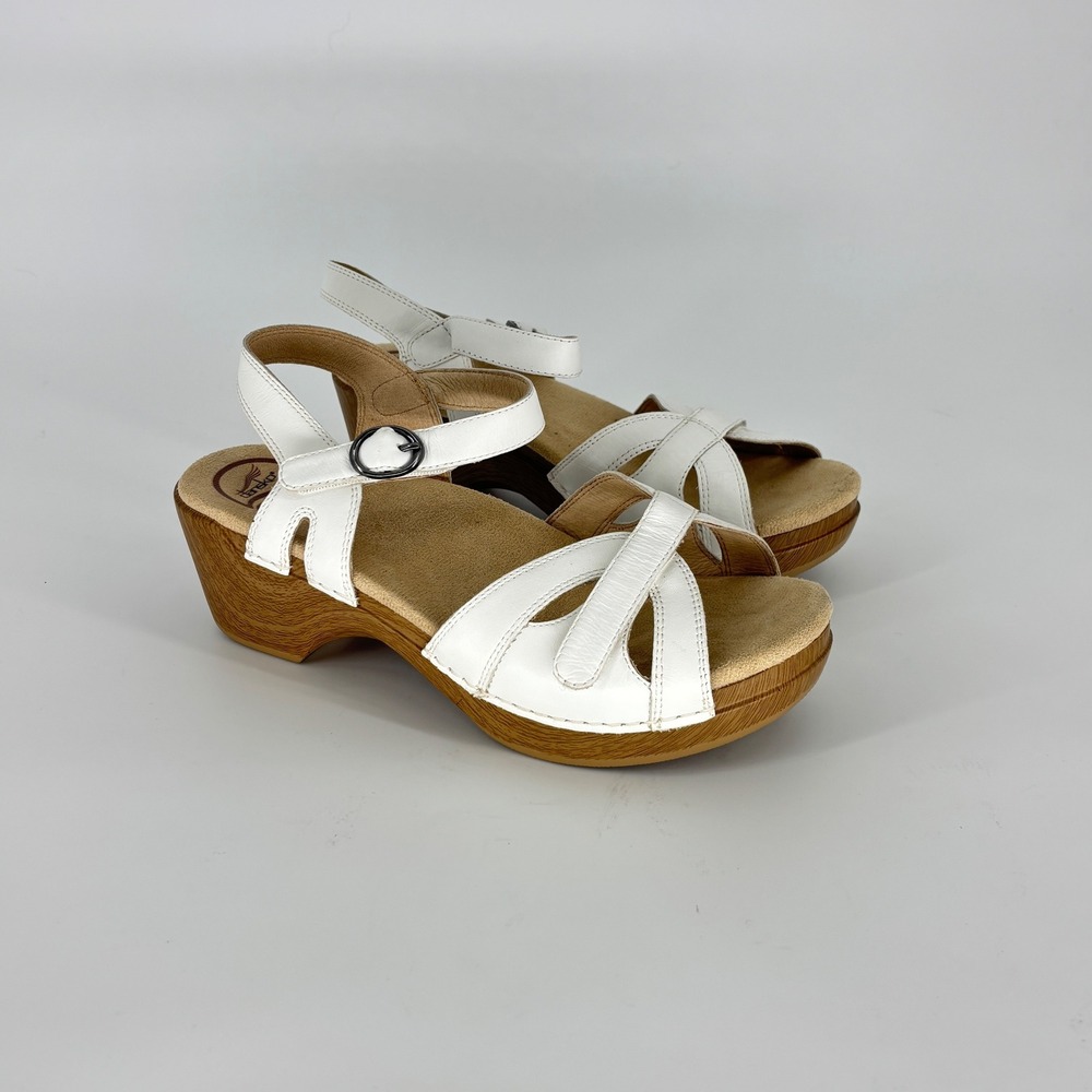 Dansko Season Sandals White Women Size 38 Full Grain Leather Ankle Strap Comfort